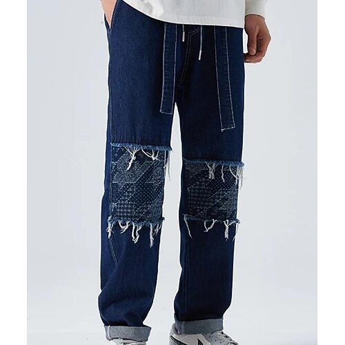 

Men's Slacks Baggy Casual Pants Ripped Jeans Jacquard Color Block Breathable Full Length Casual Daily 100% Cotton Streetwear Retro Vintage Black Deep Blue Inelastic