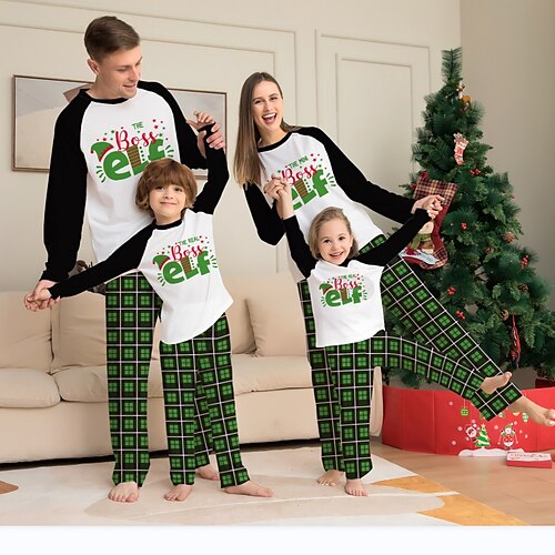 

Christmas Pajamas Family Elf Home Crewneck Green Long Sleeve Basic Matching Outfits