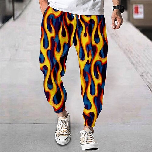 

Men's Joggers Trousers Beach Pants Drawstring Elastic Waist 3D Print Graphic Prints Flame Comfort Breathable Sports Outdoor Casual Daily Streetwear Designer Yellow Orange Micro-elastic