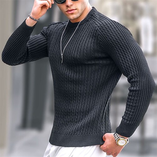 

Men's Sweater Pullover Sweater Jumper Ribbed Knit Cropped Knitted Solid Color Crew Neck Keep Warm Modern Contemporary Work Daily Wear Clothing Apparel Fall & Winter Black Brown S M L