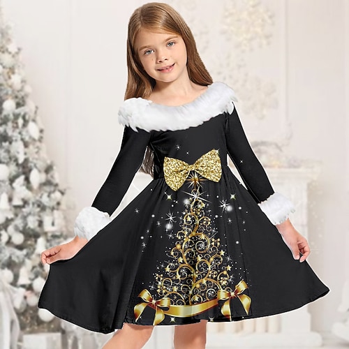 

Kids Girls' Christmas Dress Christmas Tree Casual Dress Above Knee Dress Christmas Gifts Fur Trim Crew Neck Long Sleeve Adorable Dress 2-13 Years Winter Black