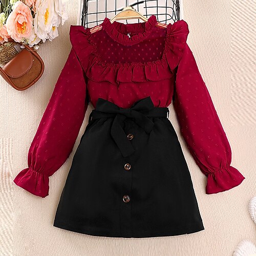 

2 Pieces Kids Girls' Solid Color Skirt & Shirt Set Long Sleeve Active Outdoor 7-13 Years Winter Red