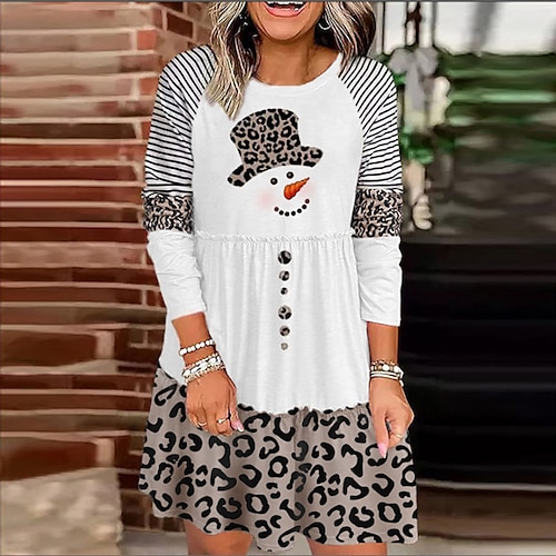 

Women's Christmas Casual Dress Shift Dress Mini Dress Khaki White Long Sleeve Leopard Snowman Ruffle Print Winter Fall Crew Neck Vacation Casual 2022 S M L XL XXL 3XL 4XL 5XL