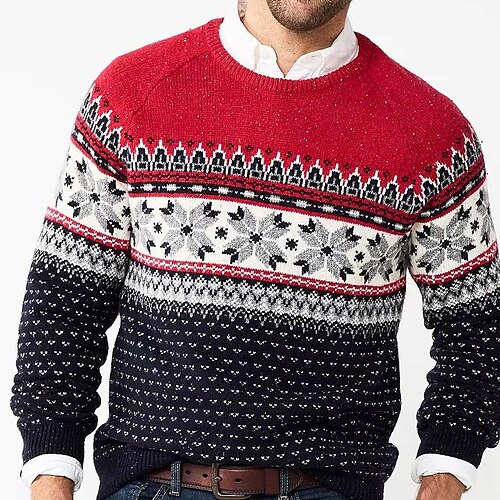 

Men's Sweater Ugly Christmas Sweater Pullover Sweater Jumper Ribbed Knit Cropped Knitted Snowflake Crew Neck Keep Warm Modern Contemporary Christmas Work Clothing Apparel Fall & Winter Green Khaki S