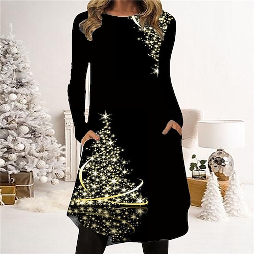 

Women's Christmas Casual Dress T Shirt Dress Tee Dress Shift Dress Mini Dress Black Long Sleeve Christmas Tree Pocket Winter Fall Autumn Crew Neck Fashion Christmas Daily 2022 S M L XL XXL 3XL