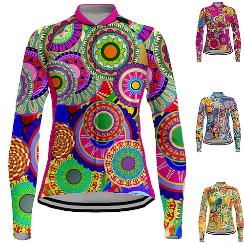 

21Grams Women's Cycling Jersey Long Sleeve Bike Jersey Top with 3 Rear Pockets Mountain Bike MTB Road Bike Cycling Breathable Quick Dry Moisture Wicking Reflective Strips Green Yellow Blue Floral