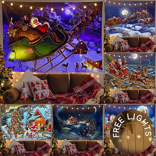 

Christmas Holiday Party Wall Tapestry Photography Backround Art Decor Hanging Bedroom Living Room Decoration Santa Claus Tree Snowman Elk Snowflake Candle Gift Fireplace(with LED String Lights)