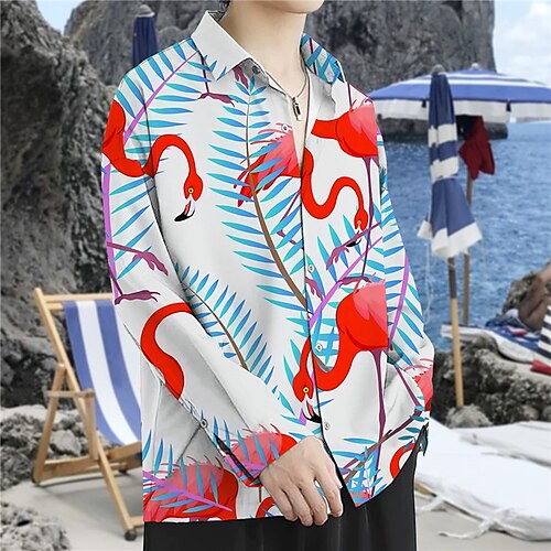 

Men's Shirt Flamingo Graphic Prints Leaves Turndown Green Blue 3D Print Street Casual Long Sleeve Button-Down Print Clothing Apparel Tropical Casual Hawaiian Soft