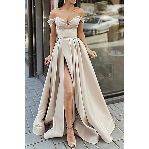 

A-Line Prom Dresses Minimalist Dress Formal Floor Length Sleeveless Off Shoulder Stretch Satin Backless with Pleats Ruched Slit 2022