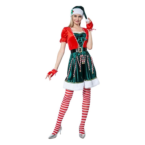 

Santa Claus Elf Fancy Christmas Dress Women's Christmas Christmas Christmas Eve Adults' Party Christmas Polyester Dress Gloves Belt Socks Hat