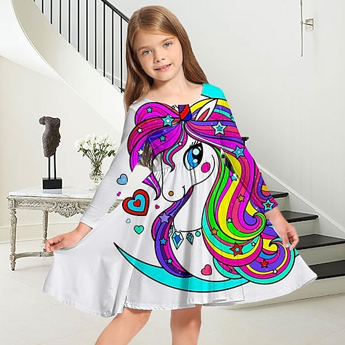 

Bambino Da ragazza Vestito Animali Unicorno Abito casual Sopra il ginocchio Vestito Informale Girocollo Girocollo Manica lunga Adorabile Vestito 3-10 anni Inverno Viola Bianco