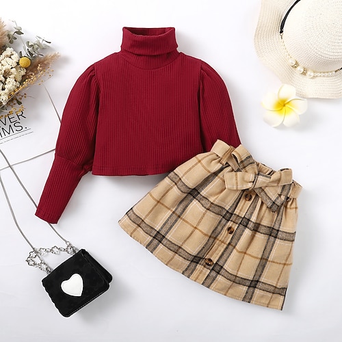 

2 Pieces Toddler Girls' Plaid Skirt & Sweater Set Long Sleeve Active Outdoor 3-7 Years Winter Wine Khaki