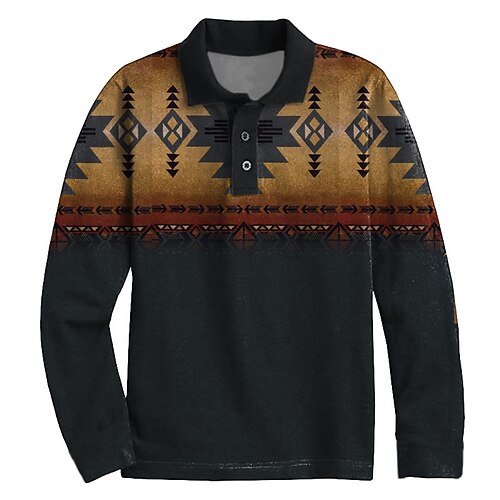 

Men's Collar Polo Shirt Golf Shirt Graphic Prints Geometry Turndown Khaki 3D Print Outdoor Street Long Sleeve Button-Down Print Clothing Apparel Vintage Fashion Designer Ethnic Style
