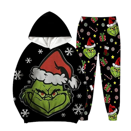 

Grinch 2 Pieces Kids Girls' Ugly Christmas Cartoon Hoodie & Pants Set Long Sleeve Vacation Christmas Gifts 7-13 Years Winter Black