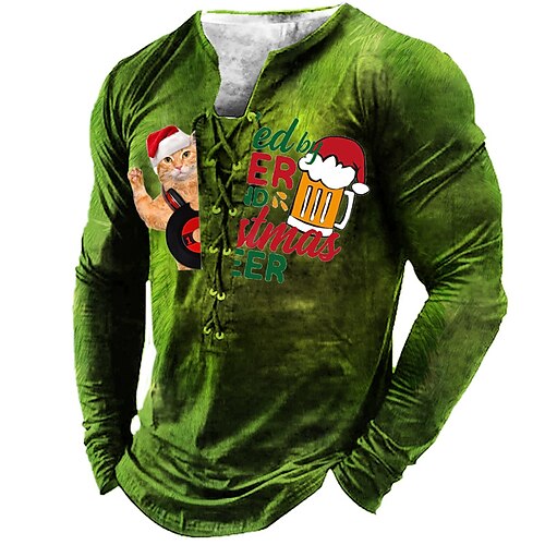 

Men's T shirt Tee Tee Graphic Cat Beer Collar Green Dark Green 3D Print Outdoor Christmas Long Sleeve Lace up Print Clothing Apparel Basic Designer Casual Classic
