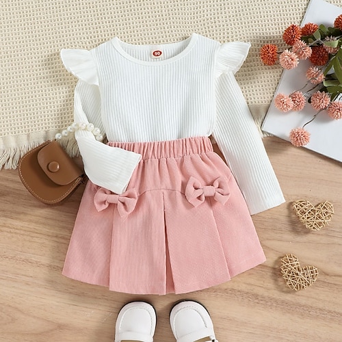

2 Pieces Kids Girls' Solid Color Patchwork Dress Suits Set Long Sleeve Fashion Party 3-7 Years Winter White