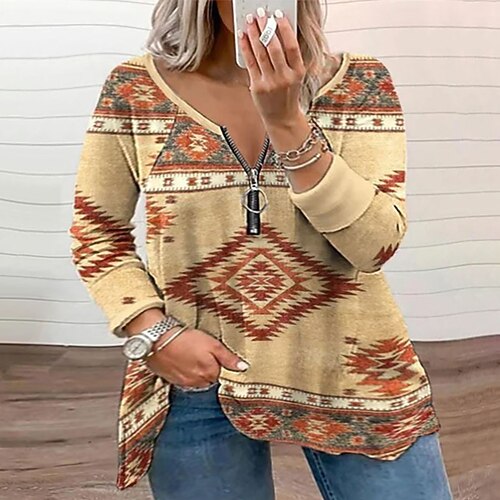 

Women's Plus Size Tops T shirt Tee Geometry Zipper Print Long Sleeve V Neck Ethnic Casual Holiday Daily Vacation Polyester Winter Fall Green Blue