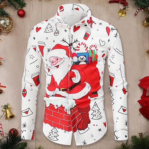 

Men's Christmas Shirt Graphic Long Sleeve Tops Casual Fashion Button Down Collar White