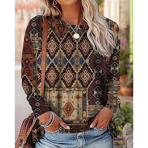 

Women's T shirt Tee Rainbow Geometric Print Long Sleeve Casual Daily Ethnic Round Neck Regular S