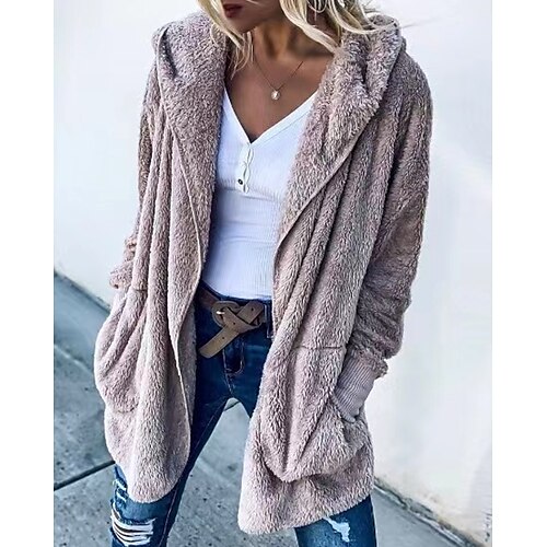 

Women's Sherpa jacket Warm Comfortable Street Vacation Casual Daily Weekend Pocket Open Front Hoodie Modern Comfortable Street Style Solid Color Regular Fit Outerwear Long Sleeve Winter Fall Gray S M