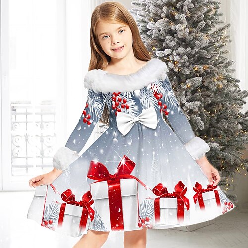 

Kids Girls' Christmas Dress Graphic Casual Dress Above Knee Dress Christmas Gifts Fur Trim Crew Neck Long Sleeve Adorable Dress 2-13 Years Winter Gray