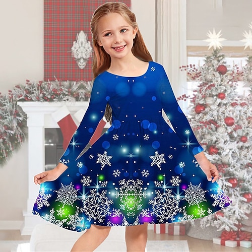 

Kids Girls' Christmas Dress Snowflake Casual Dress Above Knee Dress Christmas Gifts Crewneck Long Sleeve Adorable Dress 2-13 Years Winter Blue