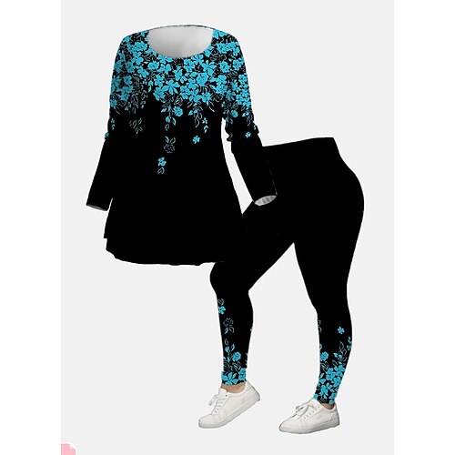 

Women's Plus Size Tops Set Graphic Print Long Sleeve Crew Neck Modern Festival Vacation Polyester Winter Fall Green Blue