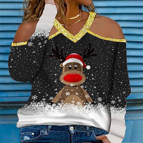 

Women's Plus Size Christmas Tops T shirt Tee Animal Deer Cut Out Print Long Sleeve V Neck Casual Holiday Festival Daily Cotton Winter Fall Black Blue