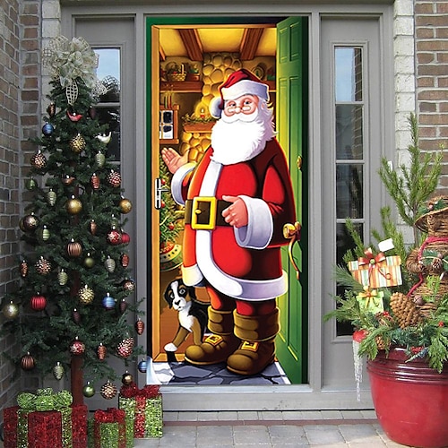 

Christmas 3D Door Sticker Santa Claus Bedroom Study Bathroom Door Concealer Wall Sticker