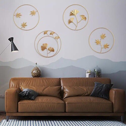 

1pc Wrought Iron Wall Hanging Ornament, Golden Round Ginkgo Leaf Background Wall Decoration, Home Decor For Living Room