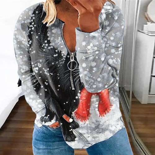 

Women's Plus Size Christmas Tops Pullover Sweatshirt Cat Deer Zipper Print Long Sleeve Round Neck Casual Daily Polyester Winter Fall Red Gray