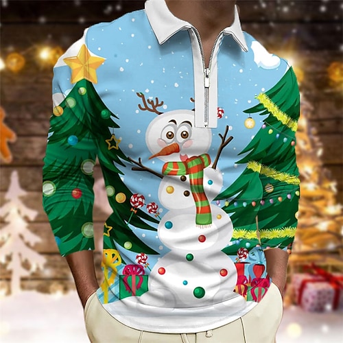 

Men's Collar Polo Shirt Golf Shirt Tree Snowman Graphic Prints Turndown Blue 3D Print Christmas Street Long Sleeve Zipper Print Clothing Apparel Fashion Designer Casual Soft