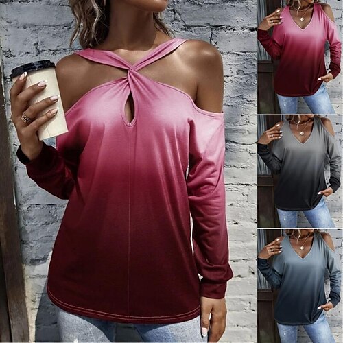 

Women's Blouse Shirt Blue Red Gray Color Gradient Cut Out Print Long Sleeve Casual Basic V Neck Regular S