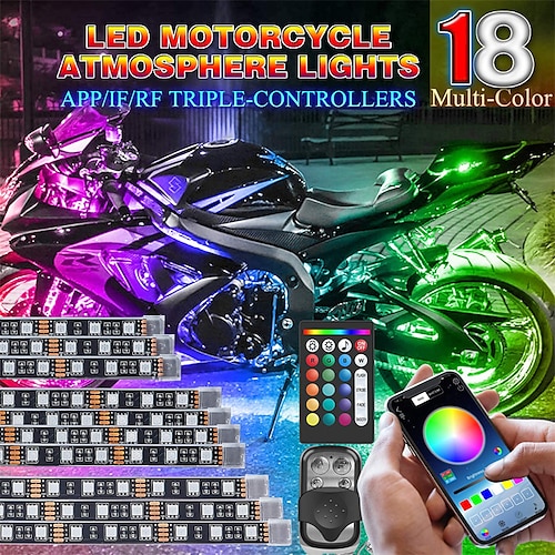 

OTOLAMPARA 12 in1 A Set Motorcycle LED Strips Light Kit with APP/IR/RF Remotes Sync RGB Multi-Color Atmosphere Underglow Lights Waterproof LED Strip 12V for Harley/ Honda/ Kawasaki/ Suzuki/ Polaris