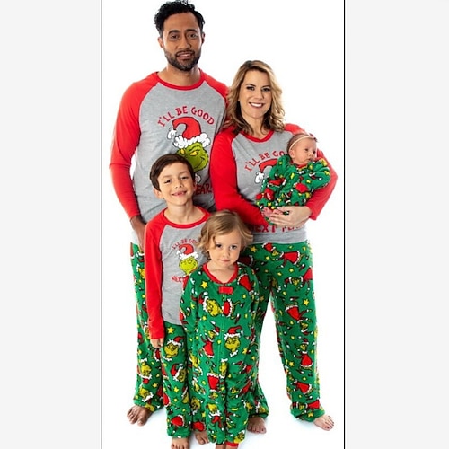 

Christmas Pajamas Family Elk Home Crewneck Green Long Sleeve Adorable Matching Outfits