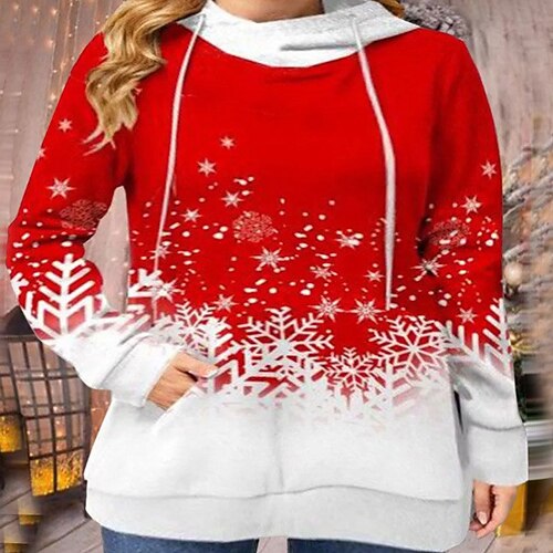 

Women's Plus Size Christmas Tops Hoodie Sweatshirt Snowflake Pocket Print Long Sleeve Hooded Casual Holiday Festival Daily Polyester Winter Fall Red / Weekend