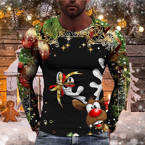 

Men's Unisex Christmas T shirt 3D Print Graphic Prints Elk Print Long Sleeve Tops Casual Designer Big and Tall Black