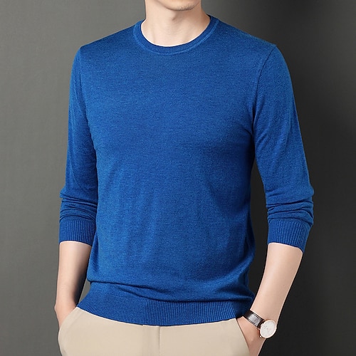 

Men's Sweater Wool Sweater Pullover Sweater Jumper Ribbed Knit Knitted Solid Color Crew Neck Casual Daily Modern Contemporary Work Daily Wear Clothing Apparel Spring & Fall Black Blue M L XL