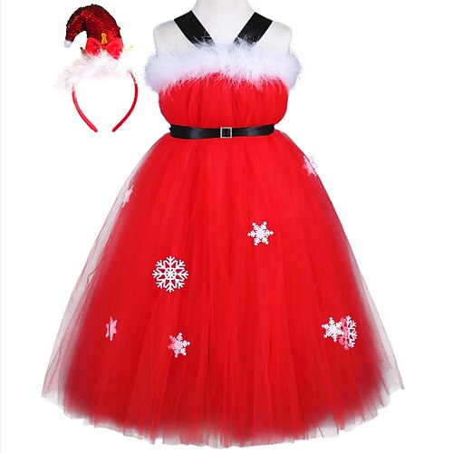 

Toddler Girls' Christmas Party Dress Graphic Party Dress Dress Performance Crew Neck Sleeveless Active Dress 3-7 Years Winter Red