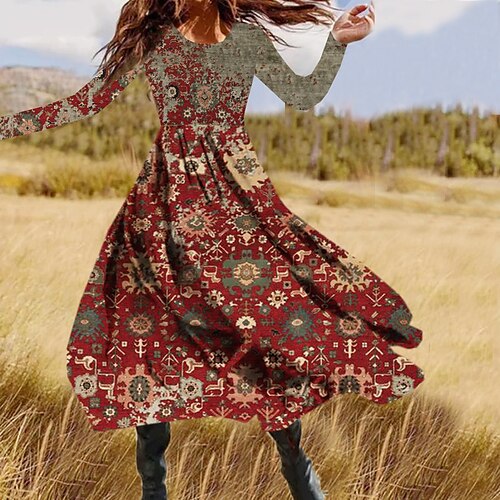 

Women's Casual Dress Swing Dress Midi Dress Wine Long Sleeve Floral Pocket Winter Fall Spring Crew Neck Fashion Daily Weekend 2022 S M L XL XXL 3XL