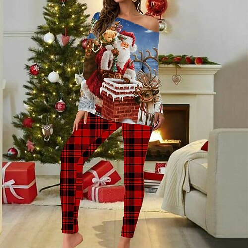

Women's Christmas Plus Size Pajamas Sets Santa Claus Grid / Plaid Fashion Comfort Soft Home Carnival Cotton Spandex Jersey Gift Long Sleeve T shirt Tee Pant Elastic Waist Fall Spring Black Blue