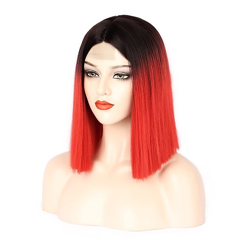 

Red Wig Short Straight Bob Wigs for Women Ombre Red Wig Middle Part with Dark Root Shoulder Length Synthetic Christmas Party Wig Colored Wigs for Women Girls