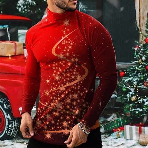 

Men's T shirt Tee Graphic Turtleneck Red 3D Print Outdoor Christmas Long Sleeve Print Clothing Apparel Basic Streetwear Designer Comfortable