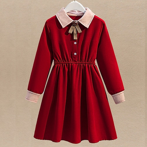 

Kids Girls' Dress Solid Color Casual Dress Knee-length Dress School Patchwork Long Sleeve Daily Dress 3-13 Years Winter Red / Fall / Spring
