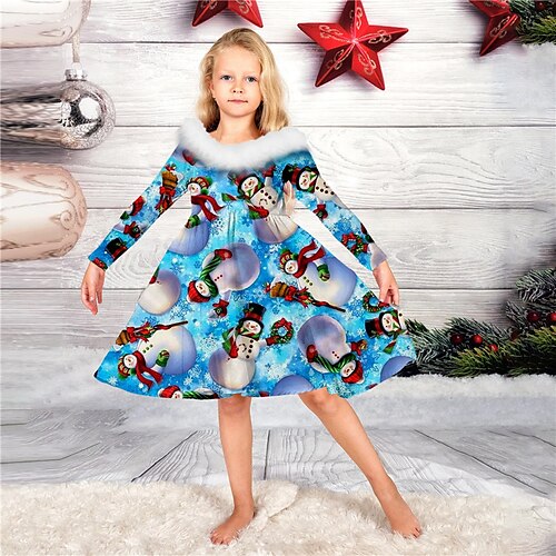 

Kids Girls' Ugly Christmas Dress Snowman Casual Dress Above Knee Dress Christmas Gifts Fur Trim Long Sleeve Adorable Dress 2-13 Years Winter Blue