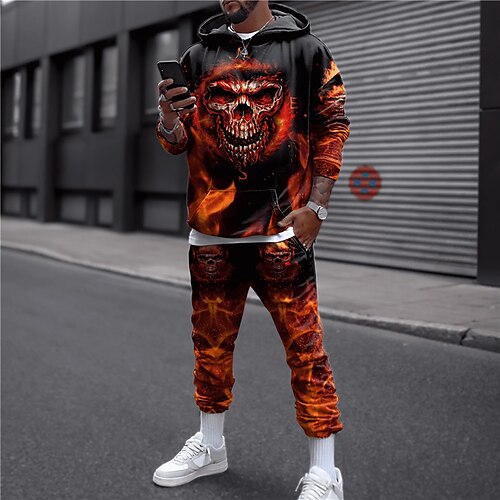 

Men's Tracksuit Hoodies Set Orange Hooded Graphic Skull Flame 2 Piece Print Sports & Outdoor Casual Sports 3D Print Basic Streetwear Designer Fall Spring Clothing Apparel Hoodies Sweatshirts