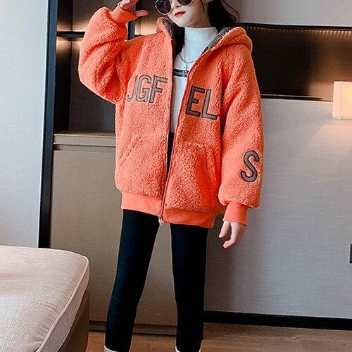 

Kids Girls' Sherpa Jacket Solid Color Fashion Casual Coat Outerwear 4-13 Years Winter Orange Apricot