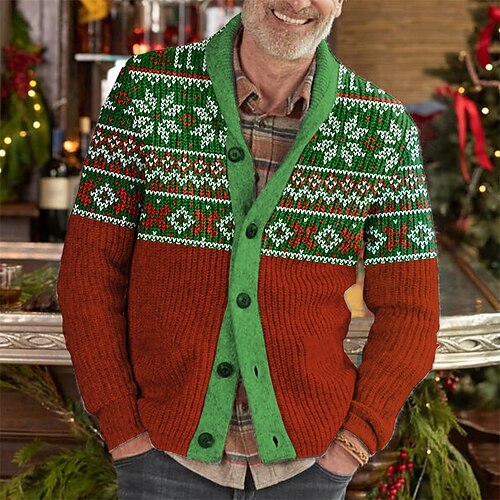 

Men's Ugly Christmas Sweater Cardigan Sweater Ribbed Knit Cropped Knitted Print Solid Color Turndown Warm Ups Modern Contemporary Christmas Daily Wear Clothing Apparel Spring & Fall Green Red S M L