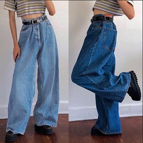 

Women's Wide Leg Jeans Denim Light Blue Dark Blue High Waist Streetwear Casual Going out Casual Daily Pocket Baggy Full Length Outdoor Solid Colored S M L XL 2XL