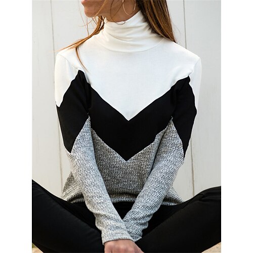 

Women's Blouse Shirt Undershirt Bottoming Shirt White Color Block Print Long Sleeve Casual Basic High Neck Regular S